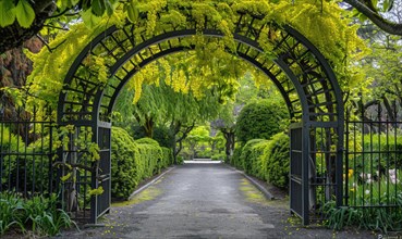 Laburnum tree branches forming an archway over a garden gate AI generated