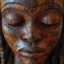 Detailed view of a brown artisan mask with patterns, AI Generated, AI generated