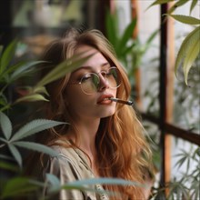 Woman with round glasses calmly smoking a cigarette, surrounded by houseplants, AI generated