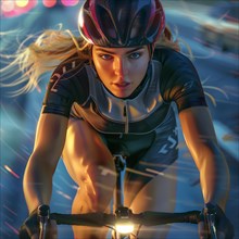Determined cyclist in the race, eyes focussed ahead, AI generated