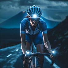 Cyclist riding at night on a winding mountain road, surrounded by the gentle contours of the