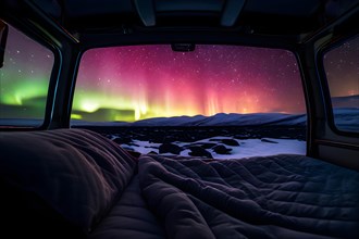 AI generated view of the essence of van life in a beautyfull winter landscape with aurora borealis