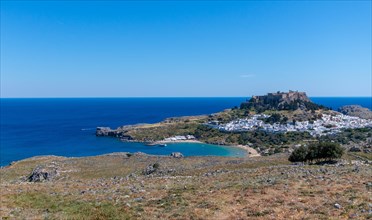 Panorama of the town and bay of Lindos in Rhodes