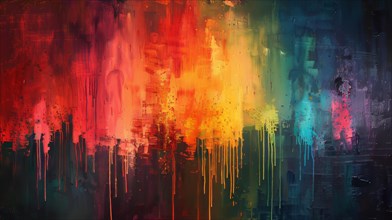 Abstract painting with vivid red, orange, and yellow drips resembling an urban scene, ai generated,