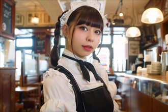 Young Asian woman waitress dressed in maid costumes in Japanese Maid Cafe. KI generiert, generiert,
