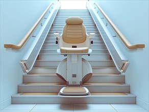 A pensioner rides a stair lift up a flight of stairs, AI generated