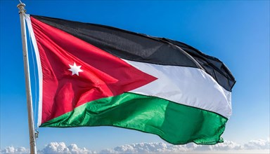 The flag of Jordan flutters in the wind, isolated against a blue sky