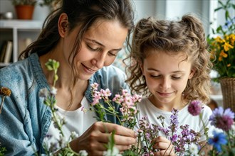 Mother's Day, A mother and her child engage with plants in a cosy home, AI generated, AI generated