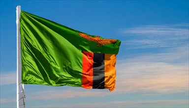 The flag of Zambia, fluttering in the wind, isolated, against the blue sky