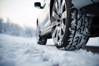 Back view of car wheel in snow. KI generiert, generiert, AI generated