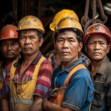 Group of construction workers with dirty faces and helmets look seriously into the camera, group