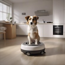 A curious dog sits on a vacuum robot in a modern living room, AI generated
