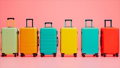 A row of colorful suitcases over a pink background. AI generated