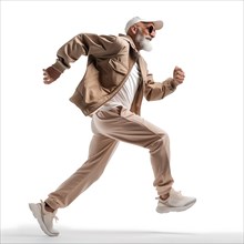 Cheerful older man in beige clothing runs dynamically on a white background, run, start, advert,