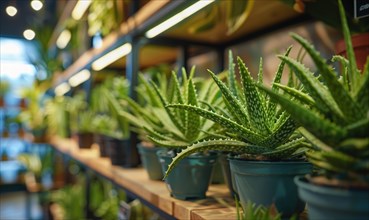 Aloe vera plants lining the shelves of a botanical shop AI generated