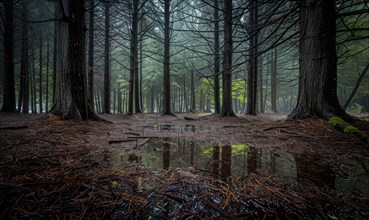A serene woodland scene with a carpet of cedar needles AI generated