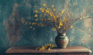 A vintage dresser adorned with a vase of yellow and white wild flowers AI generated