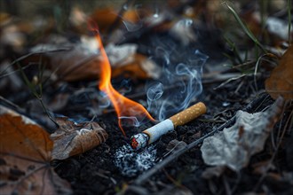 Burning cigarette butt on forest ground risking fire. KI generiert, generiert, AI generated