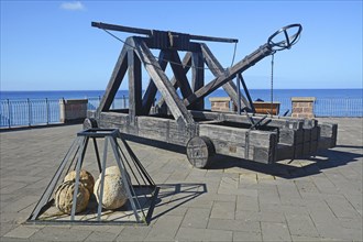 Medieval catapult at fortress wall of Alghero, Sardinia, Italy, Mediterranean, Southern Europe,