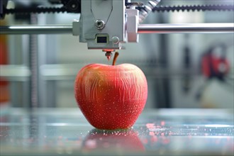 Red apple being printed by 3D printer. KI generiert, generiert, AI generated