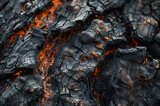 Close up of burning charred tree bark. KI generiert, generiert, KI generiert, generiert, AI