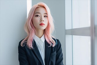 Young Asian woman with black business suit with pastel pink dyed hair. KI generiert, generiert, AI