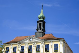 Historic town hall with neo-baroque facade on the market square in Radeberg, Saxony, Germany,