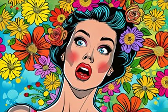 Woman in pop art style, upset, with orange flowers on turquoise background, AI generated, AI