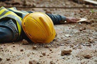 Close up of construction worker with safety helmet lying on ground after accident at construction