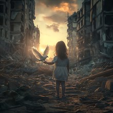 A child stands in front of destroyed buildings, a dove spreads its wings in front of her, destroyed