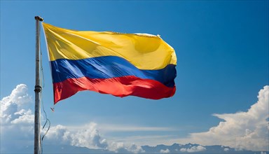 The flag of Colombia flutters in the wind, isolated against a blue sky