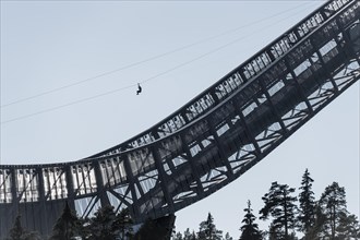 Tourist on zip line, summer activity at Holmenkollen, ski jump, ski jump, Oslo, Norway, Europe
