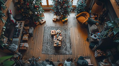 An inviting festive interior with Christmas trees and gifts, captured in an overhead view, AI