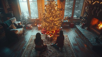 Two children sitting in front of a brightly lit Christmas tree and a glowing fireplace, AI
