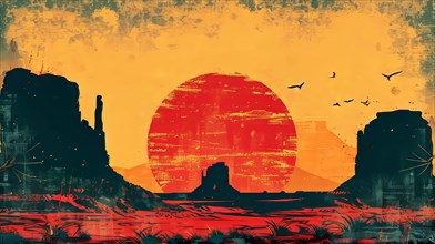 Tranquil Western desert landscape with birds flying across a stunning red sunset, ai generated, AI