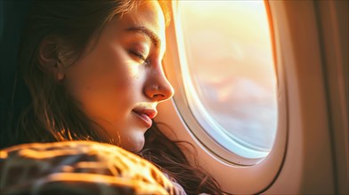 Woman relaxing with her eyes closed at the window of an aeroplane, light shimmers, AI generated, AI