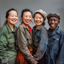 A mixed group portrait of smiling workers in work clothes, group picture with international