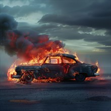A classic car burns on a deserted road, surrounded by a dramatic twilight, AI generated