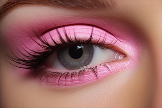 Woman's eye with pink eyeshadow makeup and long dark eyelashes. KI generiert, generiert, AI