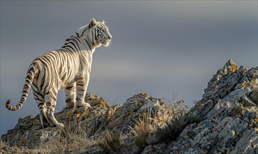 A white tiger standing tall on a rocky outcrop AI generated