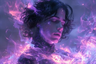 A digital illustration of a male figure immersed in a cosmic purple plasma-like environment, AI