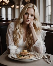 Beautiful blonde girl sitting at the table with a lot of food. ai generative, AI generated