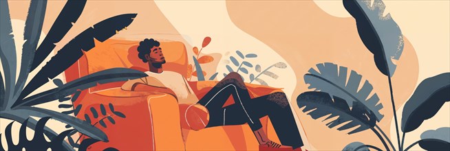 A man lies relaxed on a couch in a cosily furnished room, AI generated, AI generated
