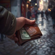 A hand holds a wallet with a protruding banknote on a busy street, AI generated