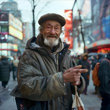 An elderly man smiles on a street near a group of people wearing winter clothes, AI generated