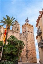 View of the back of the church of St Bartholomew and St Thekla in Sitges, Spain, Europe