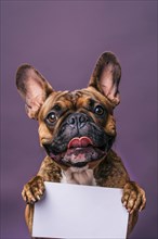Rench Bulldog dog holding empty white sign in front of purple studio background. KI generiert,