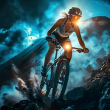 A cyclist rides past an active volcano on a mountain bike, AI generated