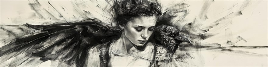 Drawing of a woman in close contact with a raven, harmonious and soulful, raven woman, banner, AI