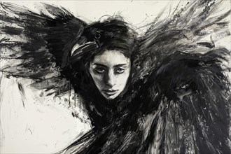 Monochrome artwork of a woman with a staring gaze merging with a raven and wings, raven woman,